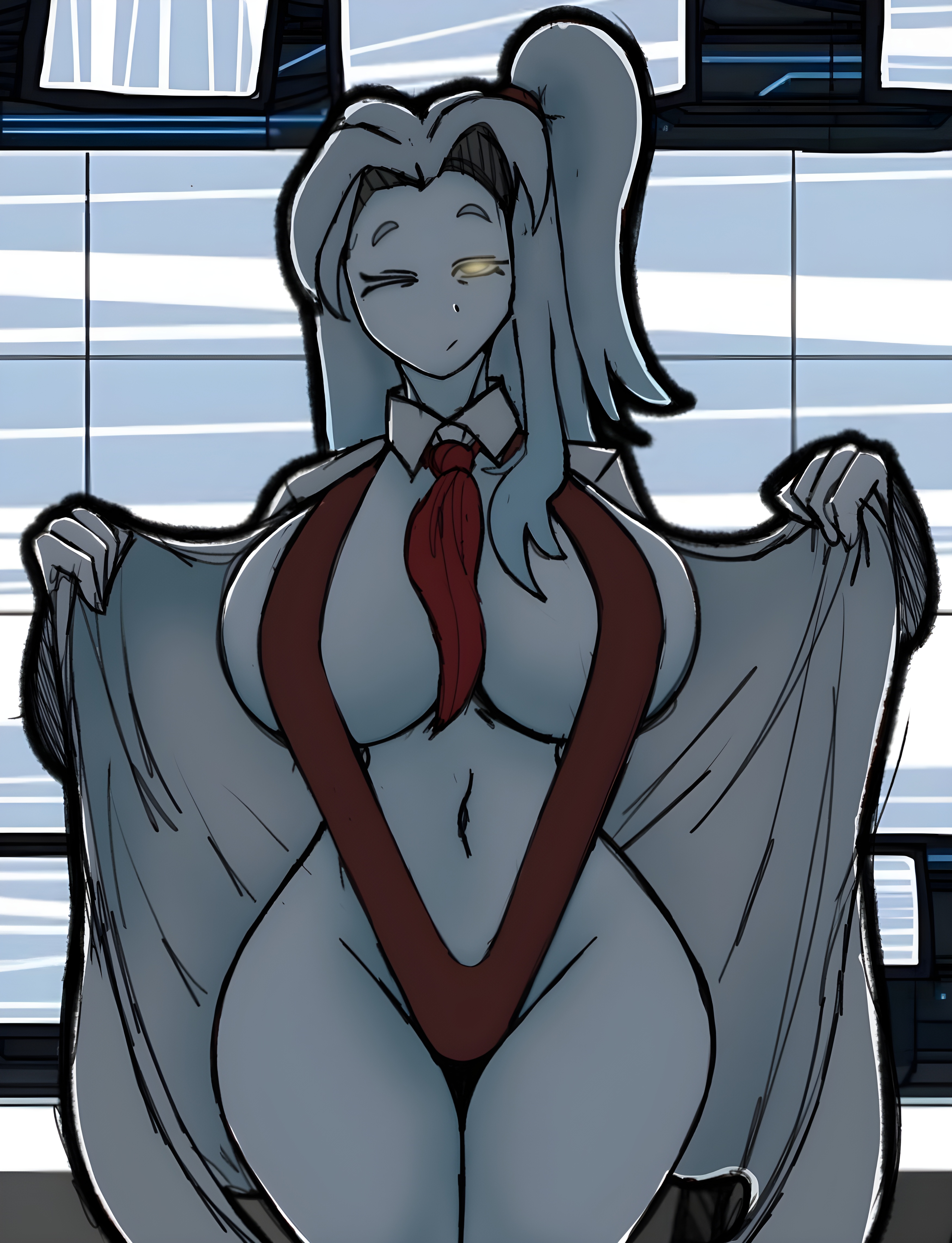 1girls, acubedpersonoid, angela (lobotomy corporation), big breasts, bikini, bowtie, breasts, coat, cyan hair, female, female focus, female only, half naked, half nude, half nude female, half-dressed, lobotomy corporation, long hair, one eye closed, project moon, red bikini, red bowtie, red hairband, revealing, revealing outfit, revealing swimsuit, showing, showing off, side ponytail, sling bikini, slingshot swimsuit, thicc, thicc breasts, thicc thighs, thick, thick hips, thick legs, thick thighs, tired, tired expression, tired look, white body, white coat, white shirt collar, white skin, white skinned female, yellow eyes