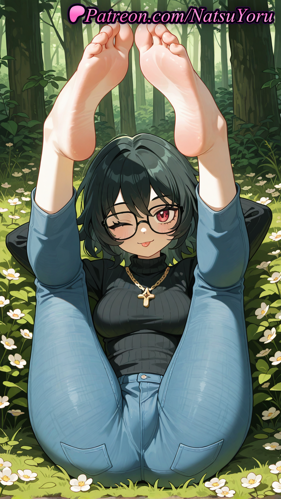 1girls ;p ai_generated anime anime_style arms_behind_head ass bangs barefoot black-framed_eyewear black_hair black_sweater blue_pants blush borrowed_character breasts bust busty cross cross_necklace denim feet feet_up female female_focus female_only flower flowers foot_fetish foot_focus foreshortening forest full_body glasses grass hair_between_eyes hentai hunter_x_hunter inverted_cross jeans jewelry juicy_butt large_breasts legs legs_up lipstick long_sleeves looking_at_viewer lying medium_breasts megane natsuyoru nature necklace on_back one_eye_closed outdoors pants pov_feet presenting_foot red_eyes ribbed_sweater round_eyewear shizuku_murasaki short_hair sitting smile soles solo solo_female sweater thighs toenails toes tongue tongue_out tree turtleneck turtleneck_sweater voluptuous voluptuous_female white_flower