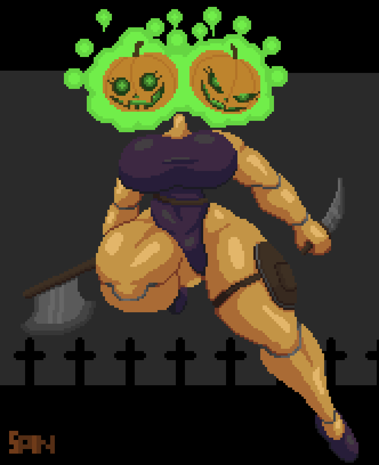 axe big_breasts big_nipples breasts female girl halloween huge_breasts huge_thighs knife nipples original_character pixel_(artwork) pixel_art pumpkin pumpkin_girl pumpkin_head sisters spinneborg tagme