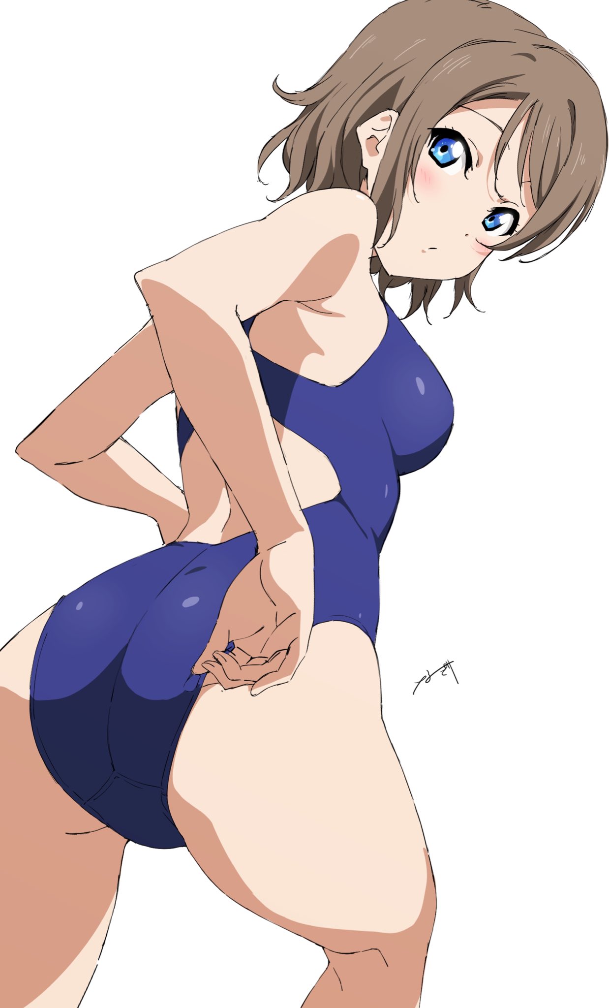 adjusting_clothes adjusting_swimsuit ass bent bent_over blue_eyes blush breasts brown_hair competition_swimsuit female from_behind green_eyes hair_over_shoulder looking_at_viewer looking_back love_live! love_live!_sunshine!! nagi_mkrnpn short_hairwavy_hair simple_background solo swimsuit watanabe_you