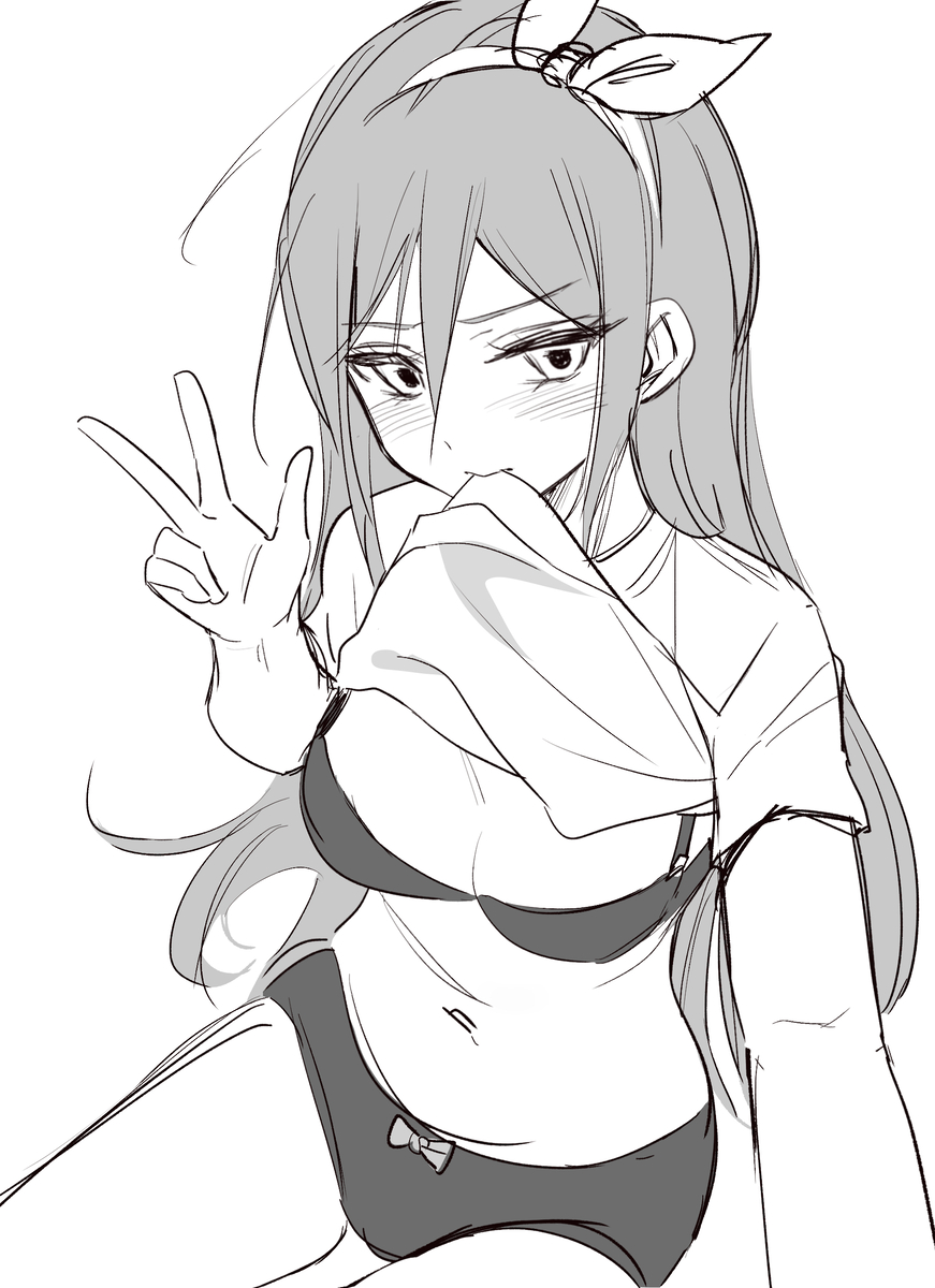 1girls, aubrey (omori), black-and-white, bra, clothed, omori, peace sign, revealing, shirt, underwear