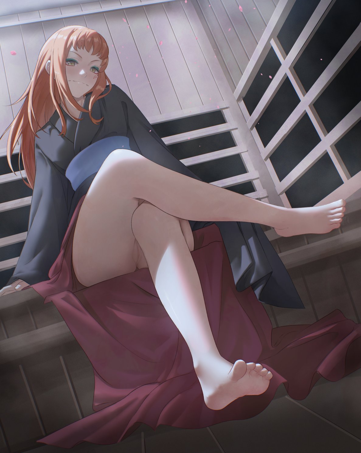 aqua_eyeshadow bare_legs barefoot black_kimono crossed_legs english_commentary eyeshadow facial_mark falling_petals female fire_emblem fire_emblem_engage highres japanese_clothes kimono light_smile long_hair looking_at_viewer makeup new_year night night_sky orange_hair panette_(fire_emblem) petals pomelomelon pussy short_bangs sitting sky sleeves_past_wrists solo stitched_mouth stitches uncensored yellow_eyes