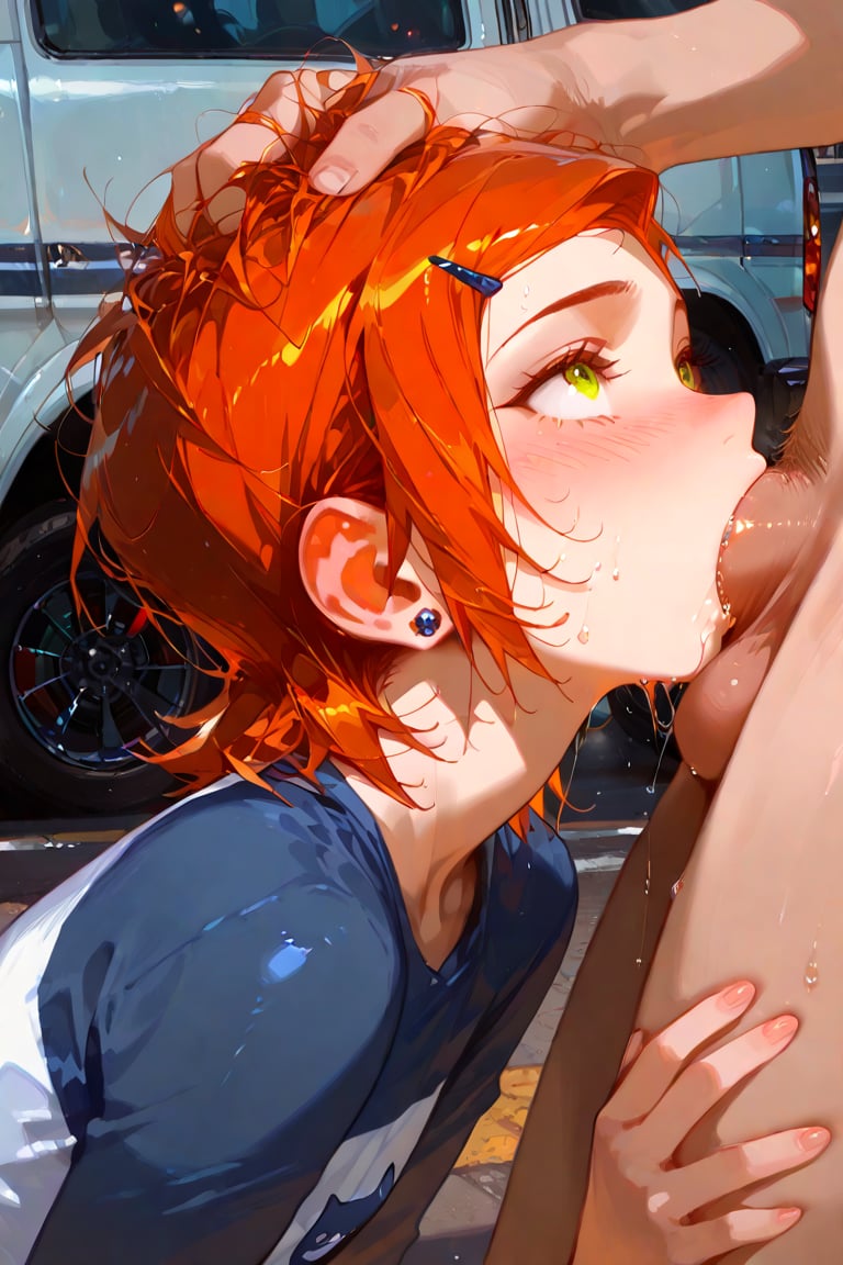 1boy, 1boy1girl, 1girls, ai generated, ben 10, clothed female, clothed female nude male, deepthroat, earring, fellatio, female, green eyes, gwen tennyson, hand on head, hand on thigh, looking up, male, orange hair, penis, penis in mouth, petite, saliva, short hair
