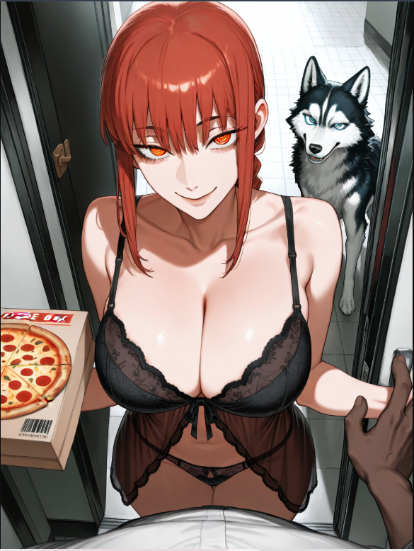 1boy 1girls ai_generated answering_door bangs black_bra black_panties breasts canine chainsaw_man female looking_at_viewer looking_up makima_(chainsaw_man) makima_dogs male naughty_face naughty_smile opening_door pizza pov pov_male red_hair sidelocks smile underwear wanting_more yellow_eyes