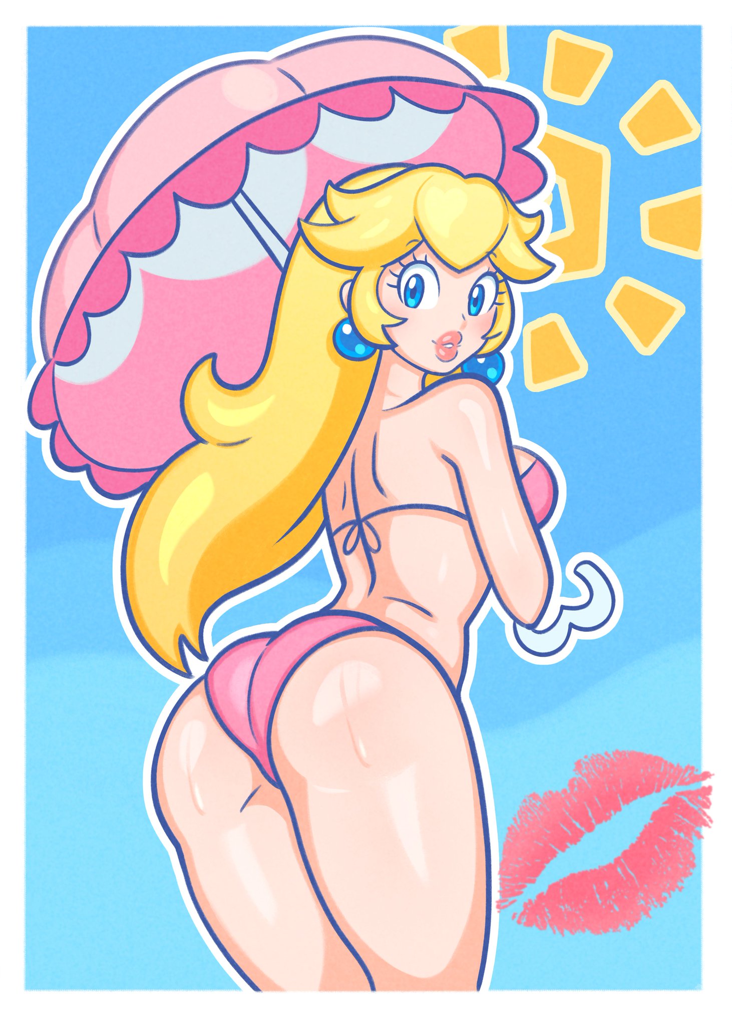 ass back_view bikini blonde_hair blue_earrings blue_eyes breasts earrings lips lipstick_mark looking_at_viewer luma_draws mario_(series) nintendo pink_bikini princess princess_peach tagme