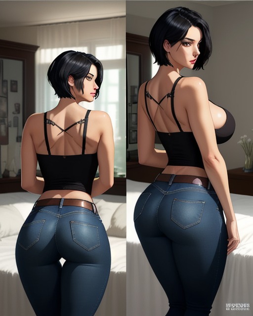 ai_generated back_view big_ass big_breasts black_hair jeans looking_at_viewer short_hair sideboob thick_thighs thigh_gap