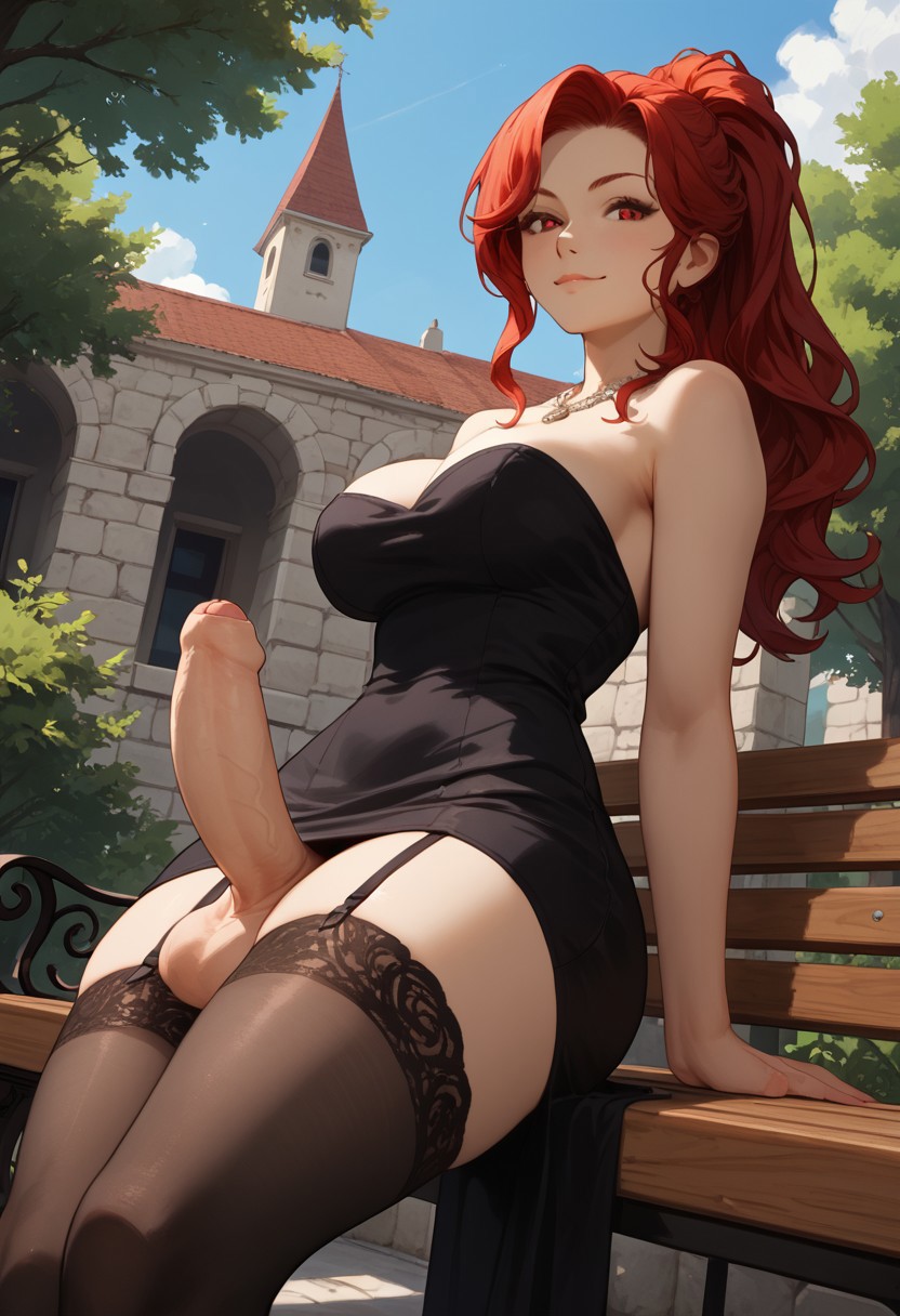 1futa ai_generated black_legwear dress dutch_angle erection foreskin from_side futa_only futanari garter_straps jamesbron large_breasts large_penis legwear long_hair looking_at_viewer minidress no_panties outdoors penis ponytail red_eyes red_hair smug solo solo_futa stockings strapless_dress wide_hips