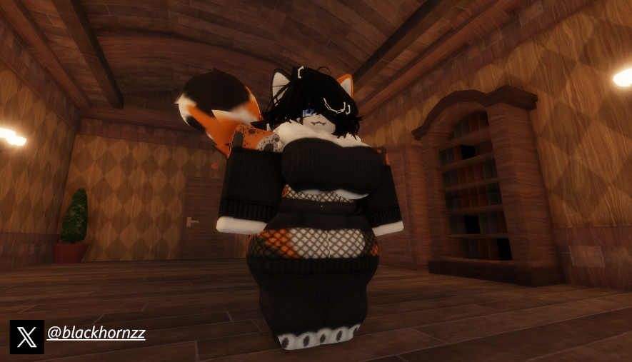 1girls 3d beret big black_hair blackhornzz blue_eyes breasts calico_cat cat_girl clothed clothed_female clothing doors_(roblox) fangs female fishnet_legwear fishnets furry furry_female one_eye_covered roblox roblox_game robloxian socks solo solo_female tagme tail thigh_highs thighhighs