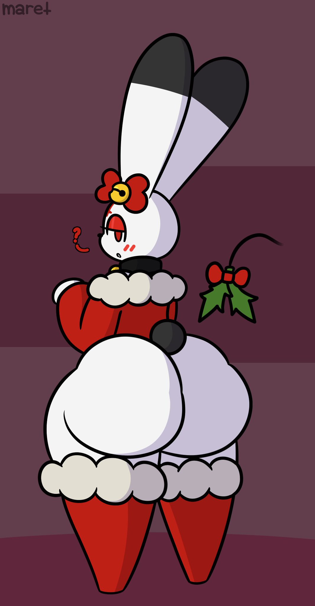 2022 alternate_color alternate_color_scheme anthro ass_focus big_ass bubble_butt bunny christmas christmas_outfit dat_ass dumptruck_ass evilfiendish fur furry furry_female furry_only holidays huge_ass looking_back mare_(evilfiendish) massive_ass mistletoe red_eyes thigh_highs