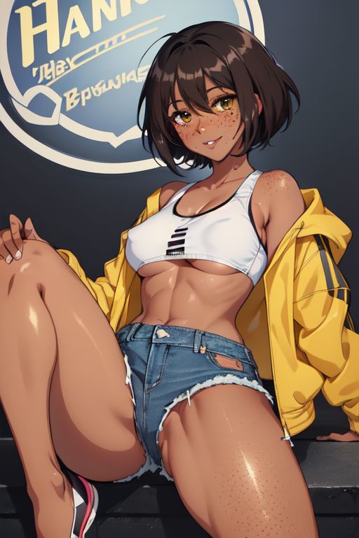 ai_generated amber_eyes athletic_female brown_hair freckles lips medium_breasts messy_hair perfect_body short_brown_hair short_hair smile tan_body tan_skin thick_thighs