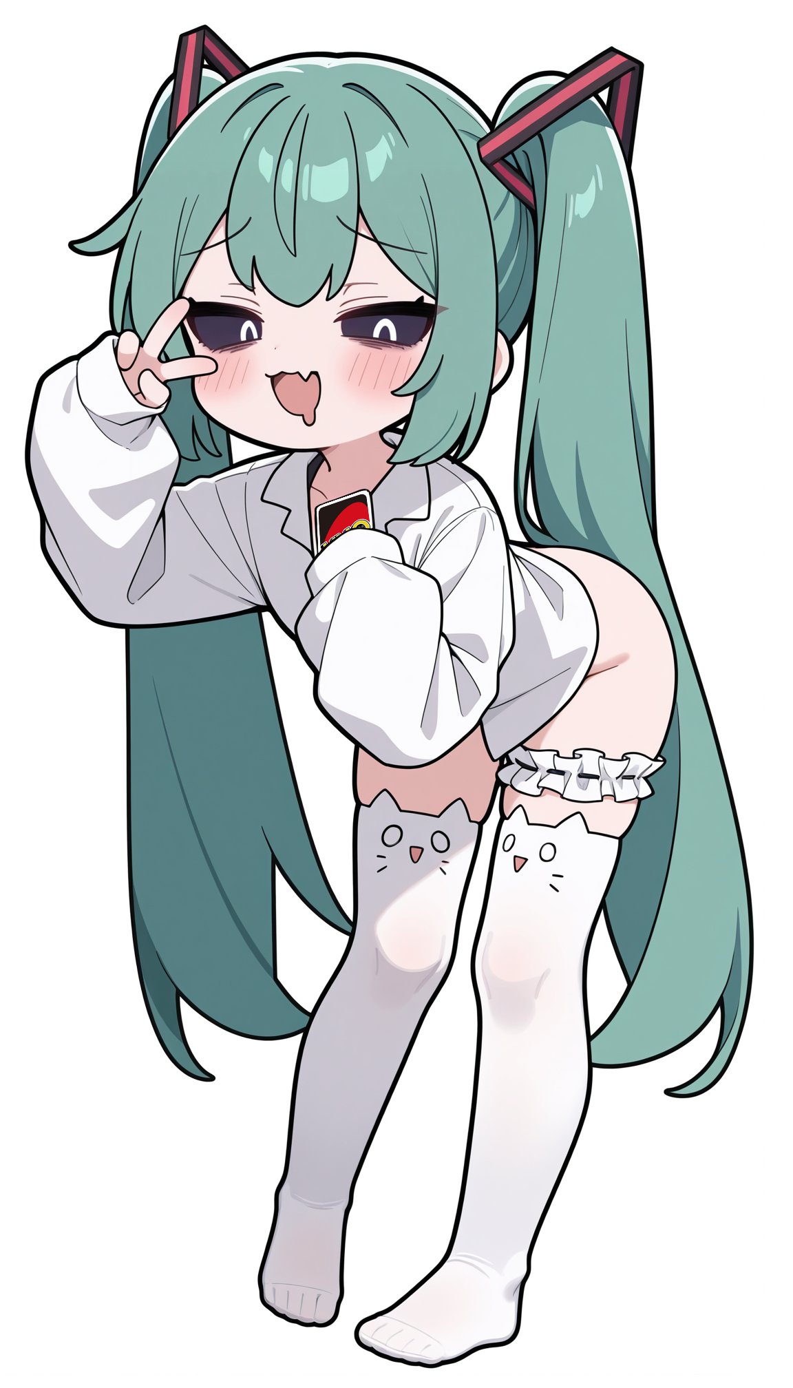 black_eyes blue_hair hatsune_miku long_hair mesugaki_miku shirt thighs twintails vocaloid white_eyes