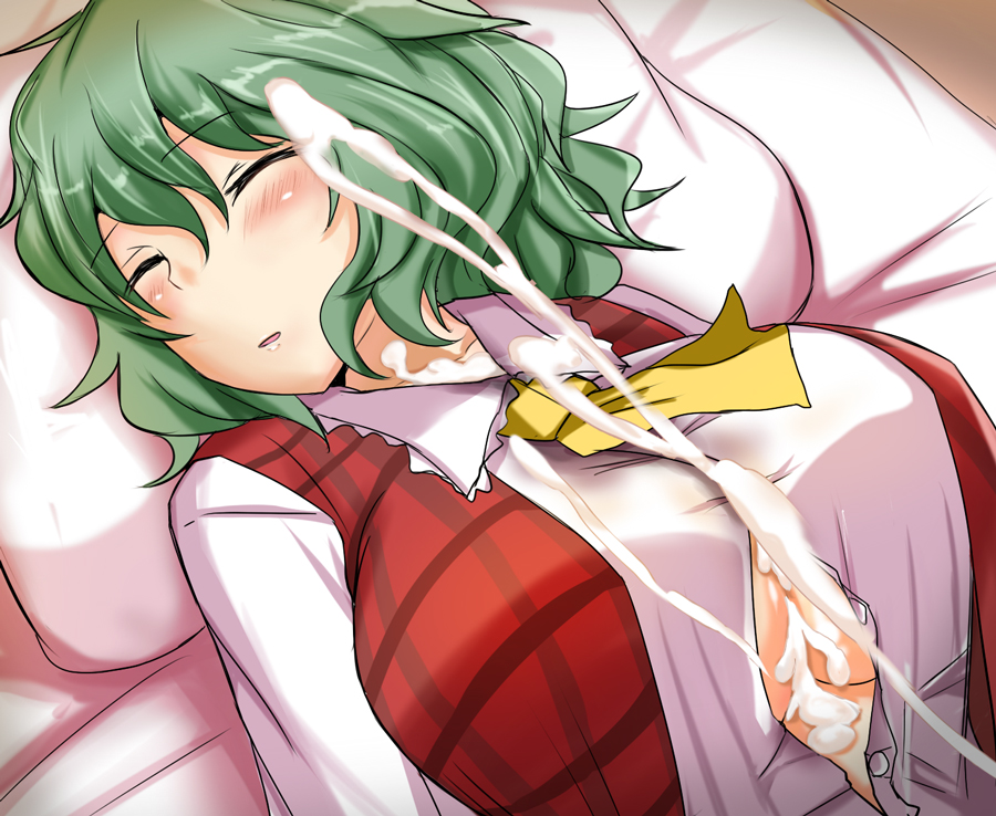 bed, blush, breasts, closed eyes, cum, cum on body, cum on breasts, cum on upper body, female, green hair, lying, oblivious, sleeping, touhou, youkai, yuka kazami