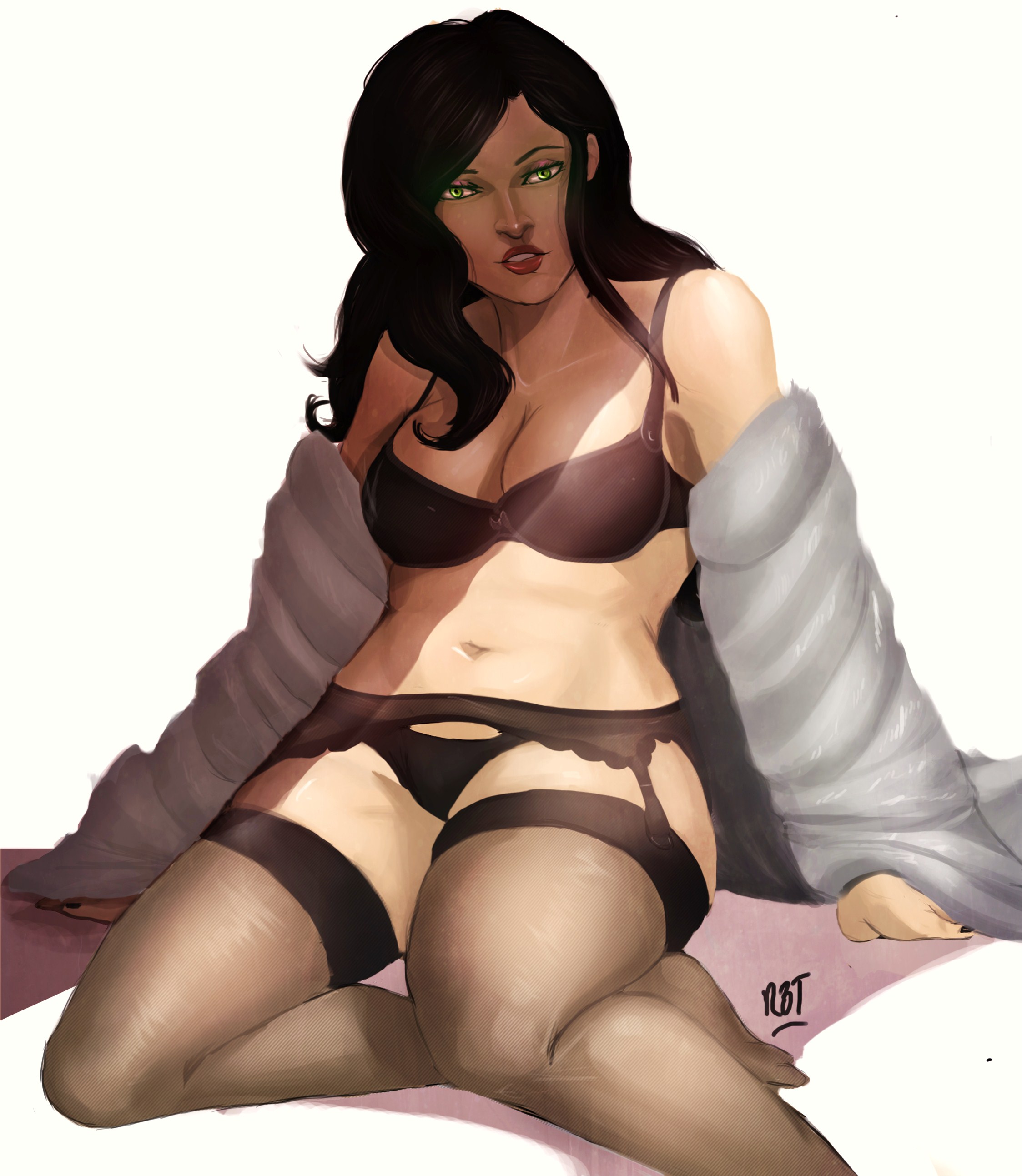 1girls, asami sato, avatar legends, black bra, black panties, bra, breasts, clothing, female, female only, garter belt, human, large breasts, open clothes, open shirt, panties, redblacktac, shirt, smooth skin, solo, stockings, the legend of korra