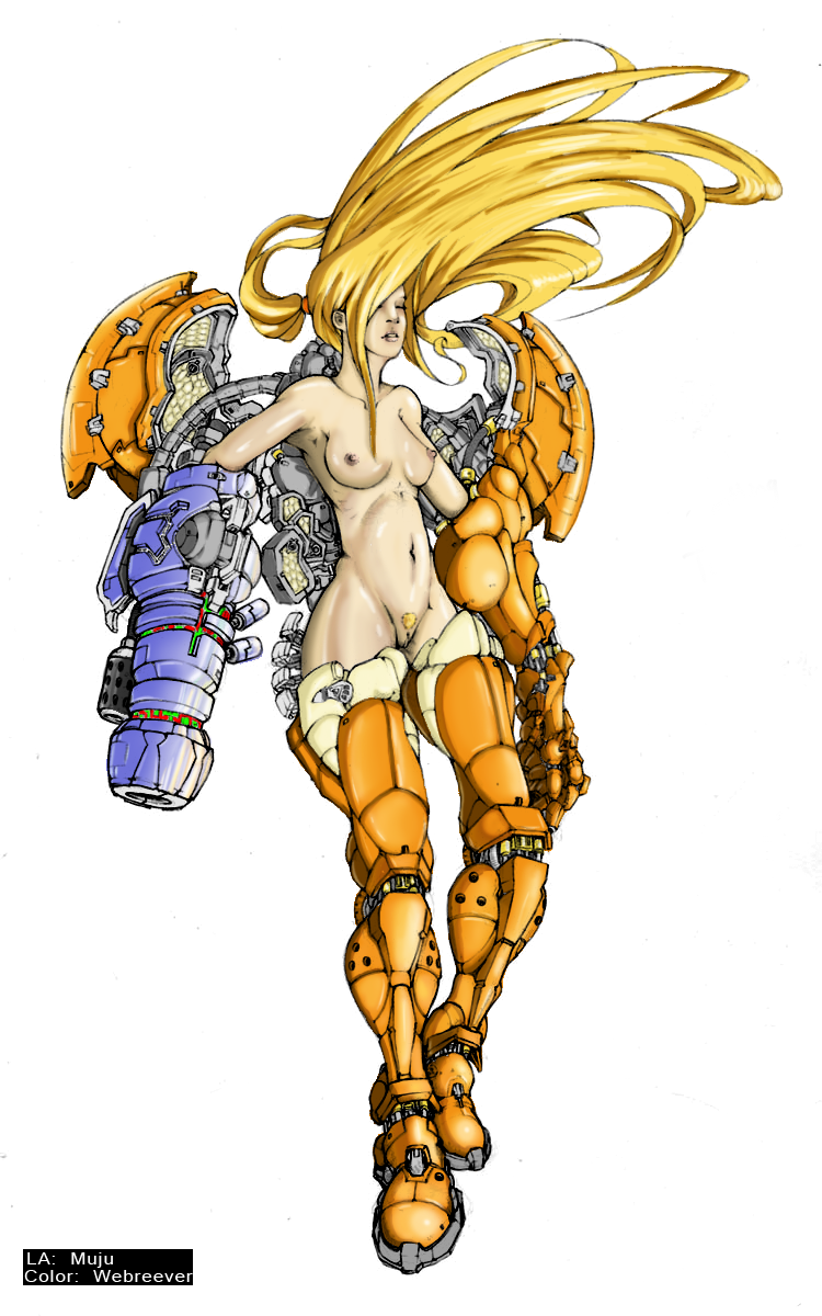 arm_cannon armed armor blonde_hair breasts closed_eyes female female_only highres human long_hair metroid muju navel nintendo nipples nude ponytail power_suit pubic_hair pussy samus_aran solo tied_hair undressing varia_suit weapon