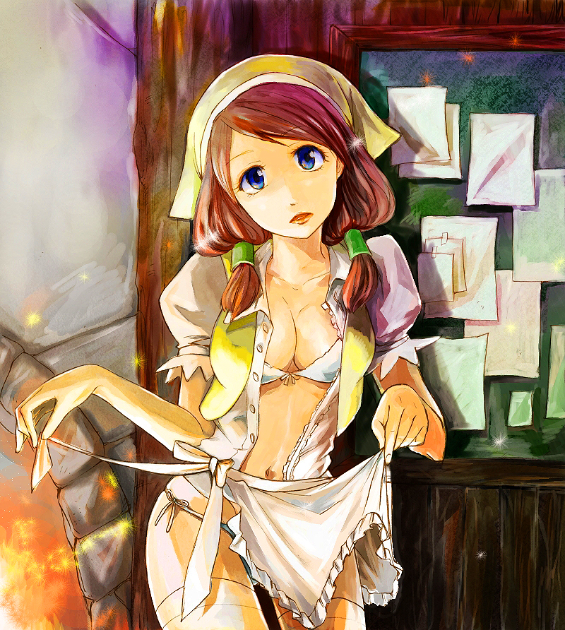 apron becky_(monster_hunter) blue_eyes breasts brown_hair capcom cleavage female fire fireplace guild monster_hunter panties side-tie_panties thighhighs underwear