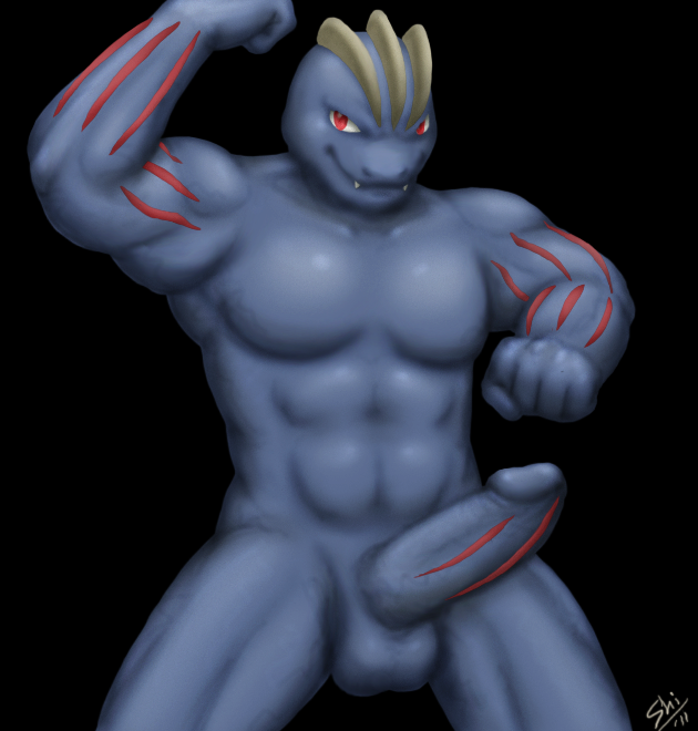 abs balls barazoku big blue buff bulge erection flexing inviting lizard looking_at_viewer machoke male_only manly muscles penis pokemon pokemon_(species) pose scalie showing_off solo stiff stripes yellowpower