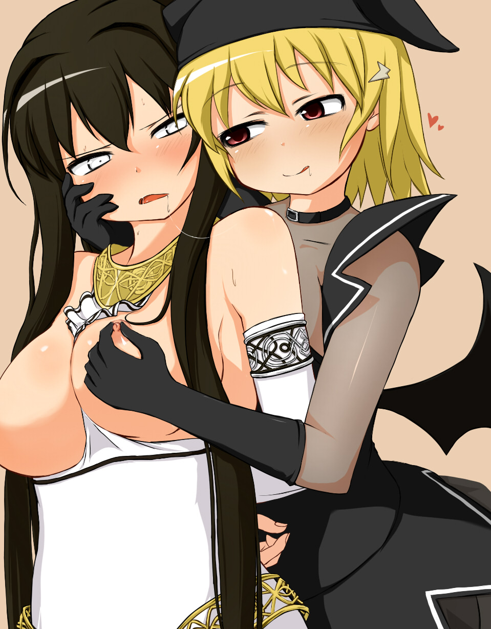 2girls bare_shoulders between_breasts black_hair blonde_hair breast_grab breasts clothes_between_breasts elbow_gloves female gloves hair hand_on_another's_cheek hand_on_another's_face highres large_breasts long_hair mabinogi morrighan multiple_girls negetsu nipple_tweak nipples red_eyes saliva saliva_trail short_hair succubus succubus_(mabinogi) tongue white_eyes yuri