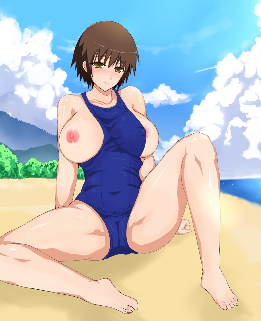 0byte 1girls areola_slip areolae arm_support baka_to_test_to_shoukanjuu beach blush breast_slip breasts brown_eyes brown_hair cameltoe covered_erect_nipples erect_nipples female huge_breasts large_breasts navel nipples one_breast_out outdoors outside pussy school_swimsuit short_hair sitting skin_tight smile solo spread_legs swimsuit vagina water yoshii_akira zero_byte