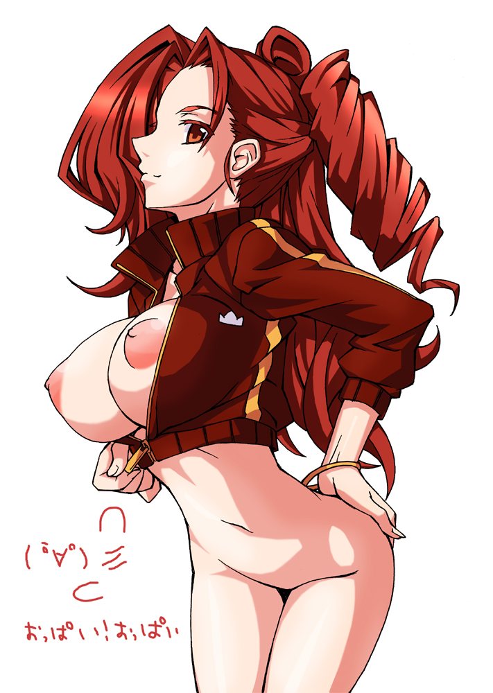 1girls bracelet breasts crop_top drill_hair female hand_on_hip heroman hips jacket jewelry large_breasts leaning_forward nipples no_pussy open_clothes open_shirt oppai_oppai pointy_chin red_eyes red_hair shirt simple_background solo teacher unzipped vera_collins wamwam