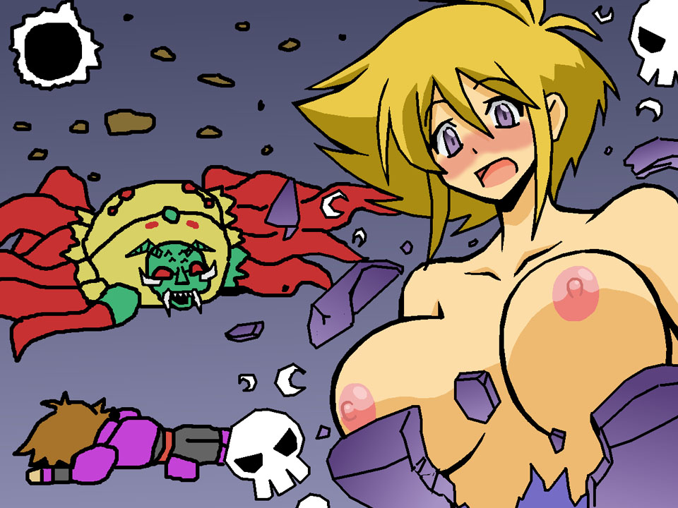 benjamin_(ffmq) blonde_hair blush breasts dark_king faye_(ffmq) female final_fantasy final_fantasy_mystic_quest lunatiris monster nipples open_mouth pink_nipples pointy_chin purple_eyes short_hair wardrobe_malfunction