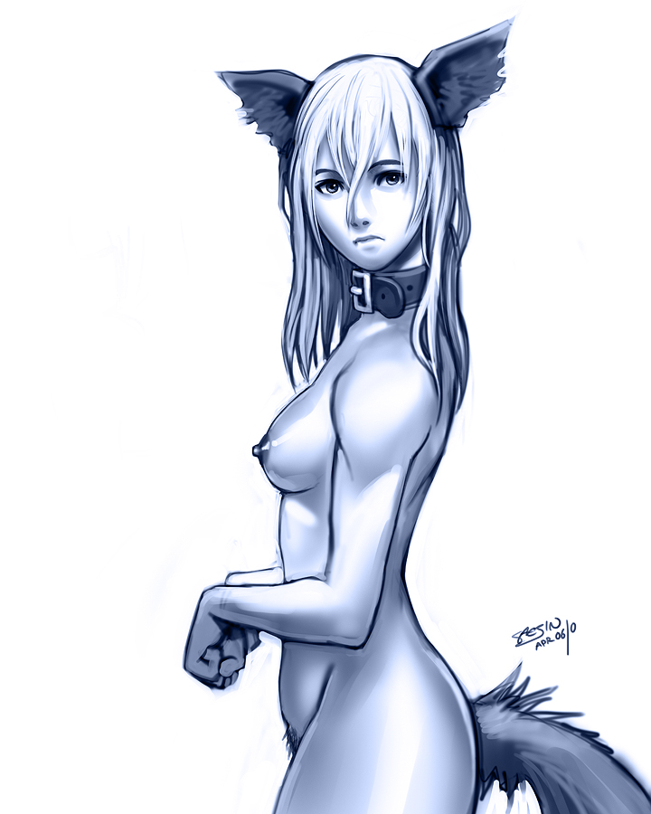 animal_ear breasts collar doggirl long_hair monochrome nude original pubic_hair saejin_oh tail