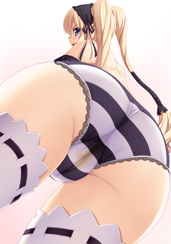 1girls ass black_striped_panties blonde_hair blue_eyes blush cameltoe ekaterina_kurae fat_mons from_below fujirin huge_ass long_hair looking_back panties pee_stain pov pov_ass pussy see-through seikon_no_qwaser stain striped striped_panties thighhighs tied_hair twintails uncensored underwear white_legwear white_thighhighs