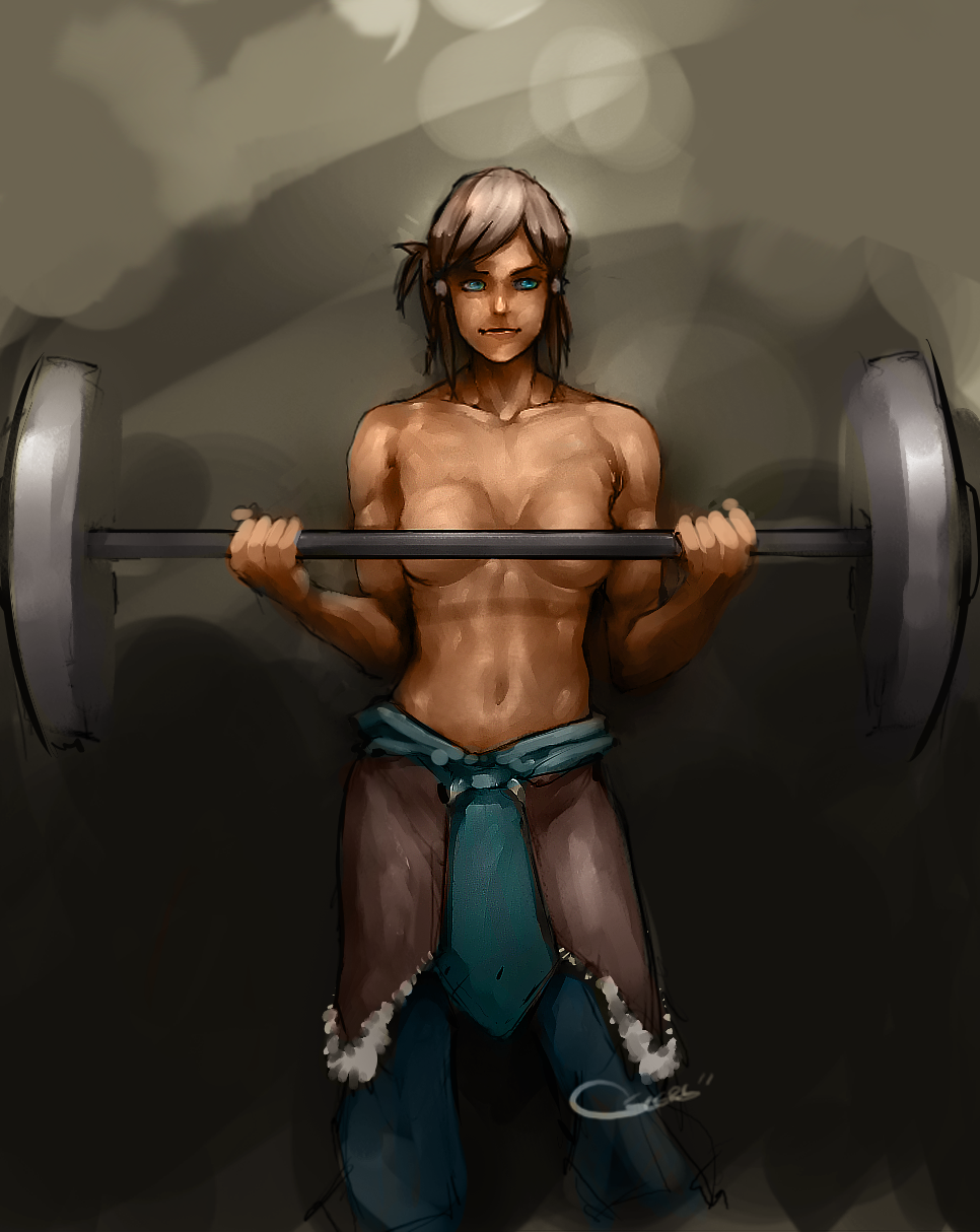 1girls avatar_legends avatar_the_last_airbender blue_eyes brown_hair clothing dark-skinned_female dark_skin darren_geers female female_only human human_only korra long_hair muscular_female no_bra small_breasts smooth_skin solo standing the_avatar the_legend_of_korra topless uncensored water_tribe weightlifting