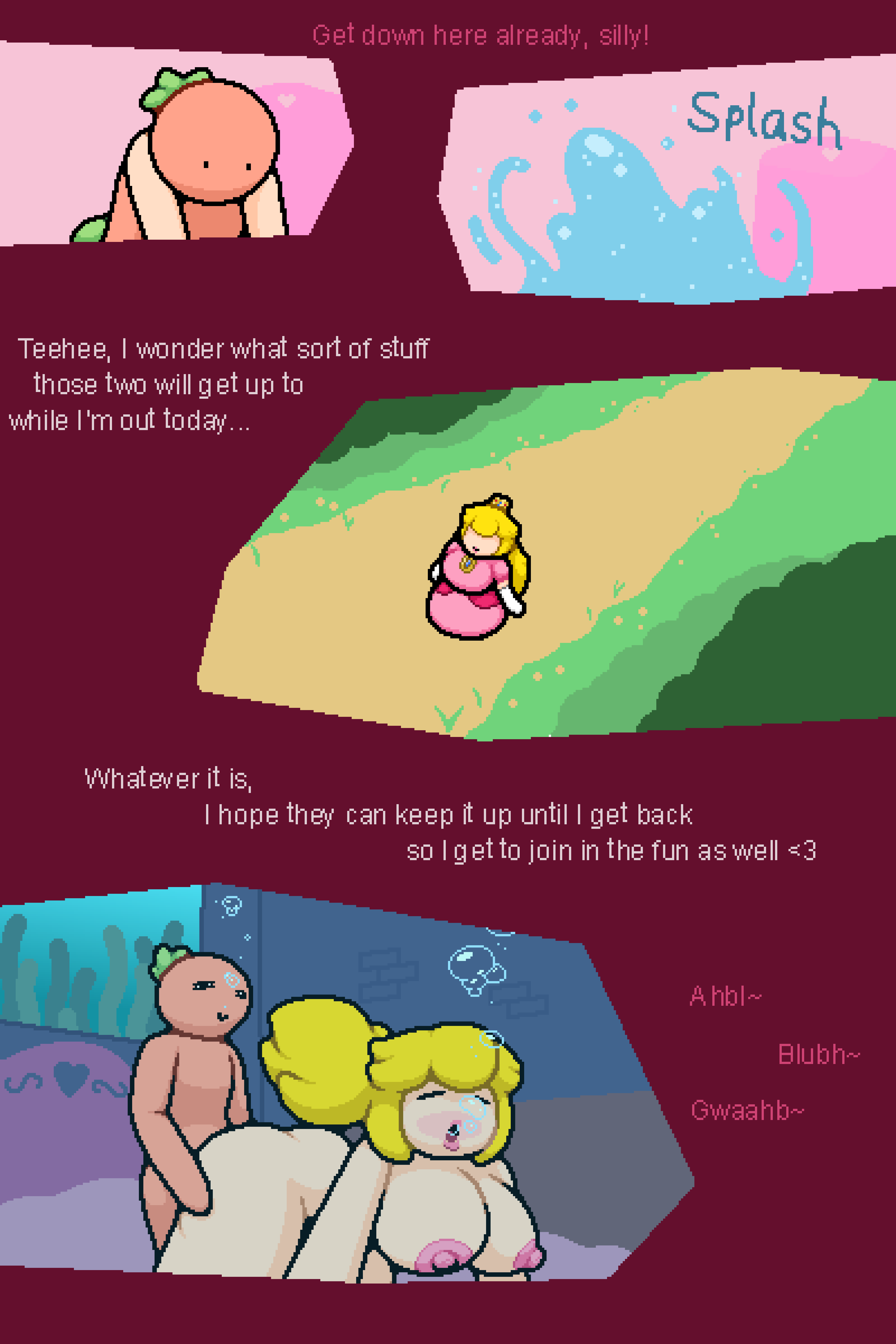 ambiguous_penetration bed big_ass big_breasts big_thighs bubbles clone comic happy mario_(series) moaning nude pink_dress princess_peach sex_from_behind super_mario_bros. surprised text tomato_(okami_tomato) underwater underwater_sex water window zxtomatofan