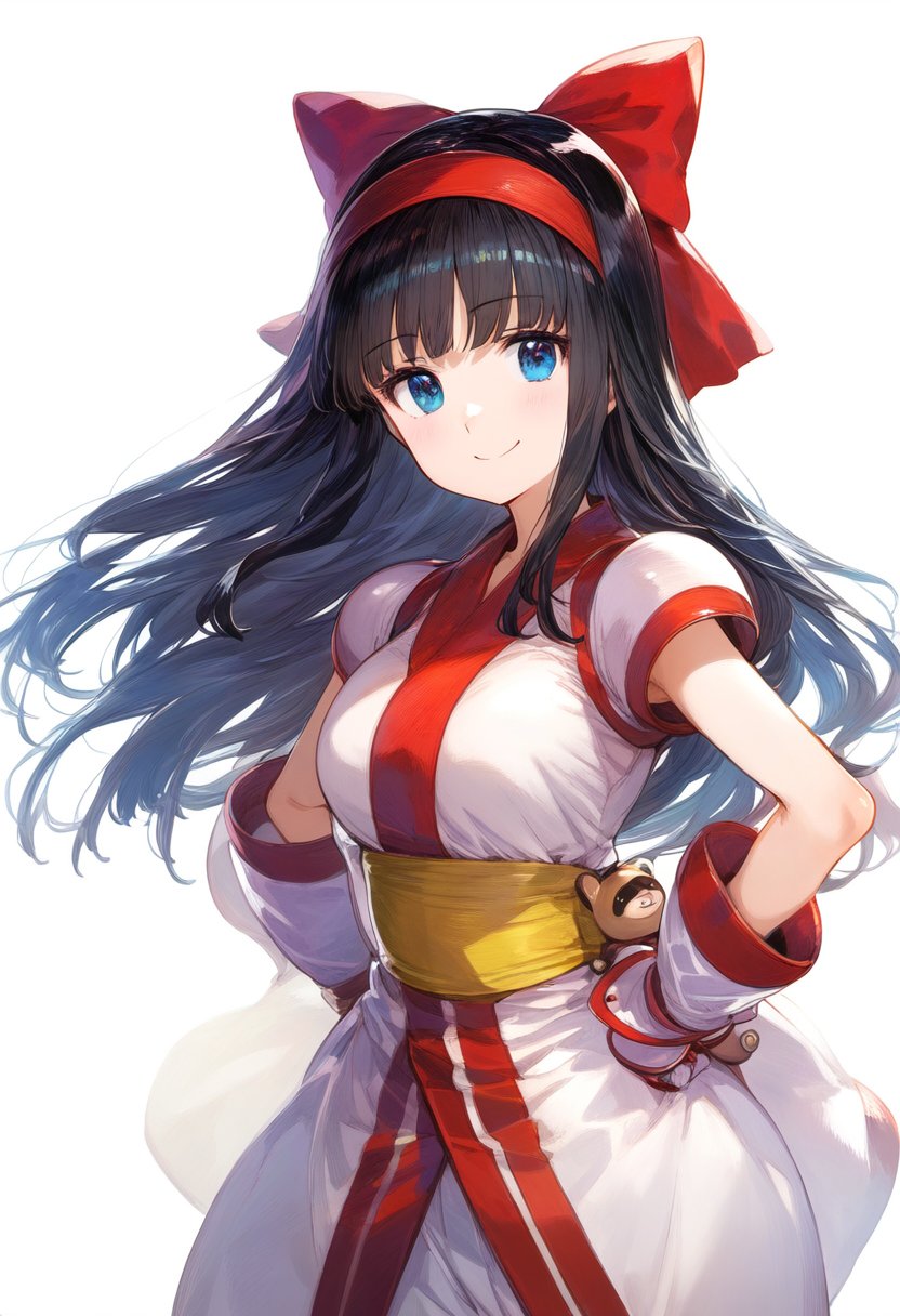 1girls ai_generated ainu_clothes big_breasts black_hair blue_eyes busty confident female female_only fingerless_gloves hands_on_hips hi_res king_of_fighters large_breasts legs looking_at_viewer nakoruru pants samurai_shodown smile snk thighs voluptuous