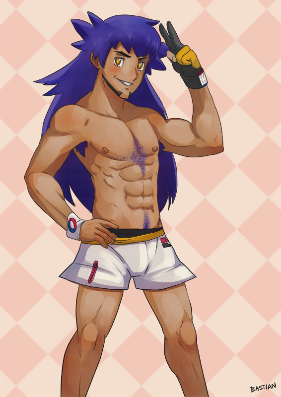 1boy abs armpit_hair bastiangreywolf chest_hair dark-skinned_male dark_skin gay happy_trail leon_(pokemon) muscular pokemon pokemon_ss posing purple_hair