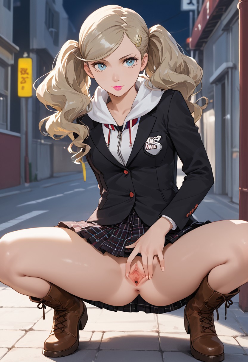 1girls ai_generated ann_takamaki persona persona_5 presenting_pussy pussy solo solo_focus spread_legs spread_pussy squatting squatting_position street