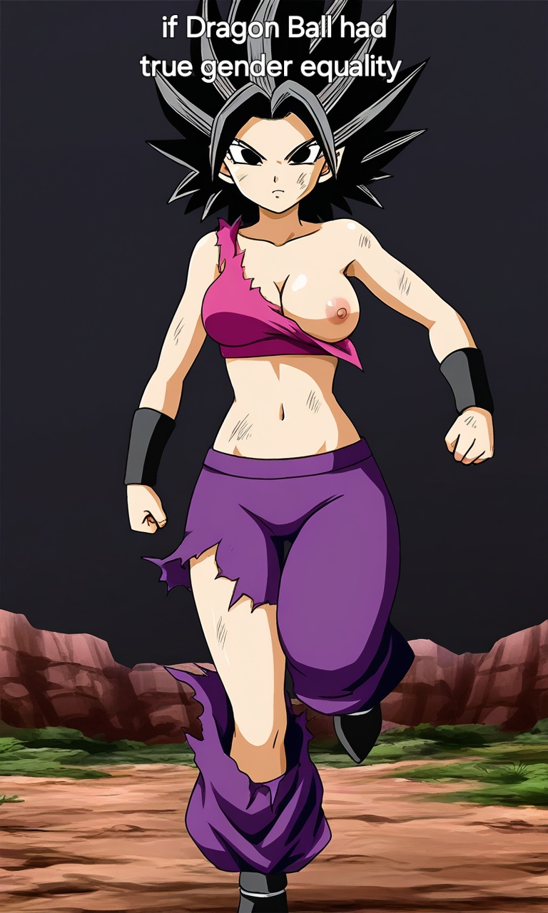 ai_generated battle_damage black_eyes black_hair breasts breasts_out caulifla caulifla_(dragon_ball) female_saiyan solo solo_female torn_clothes torn_tubetop tubetop