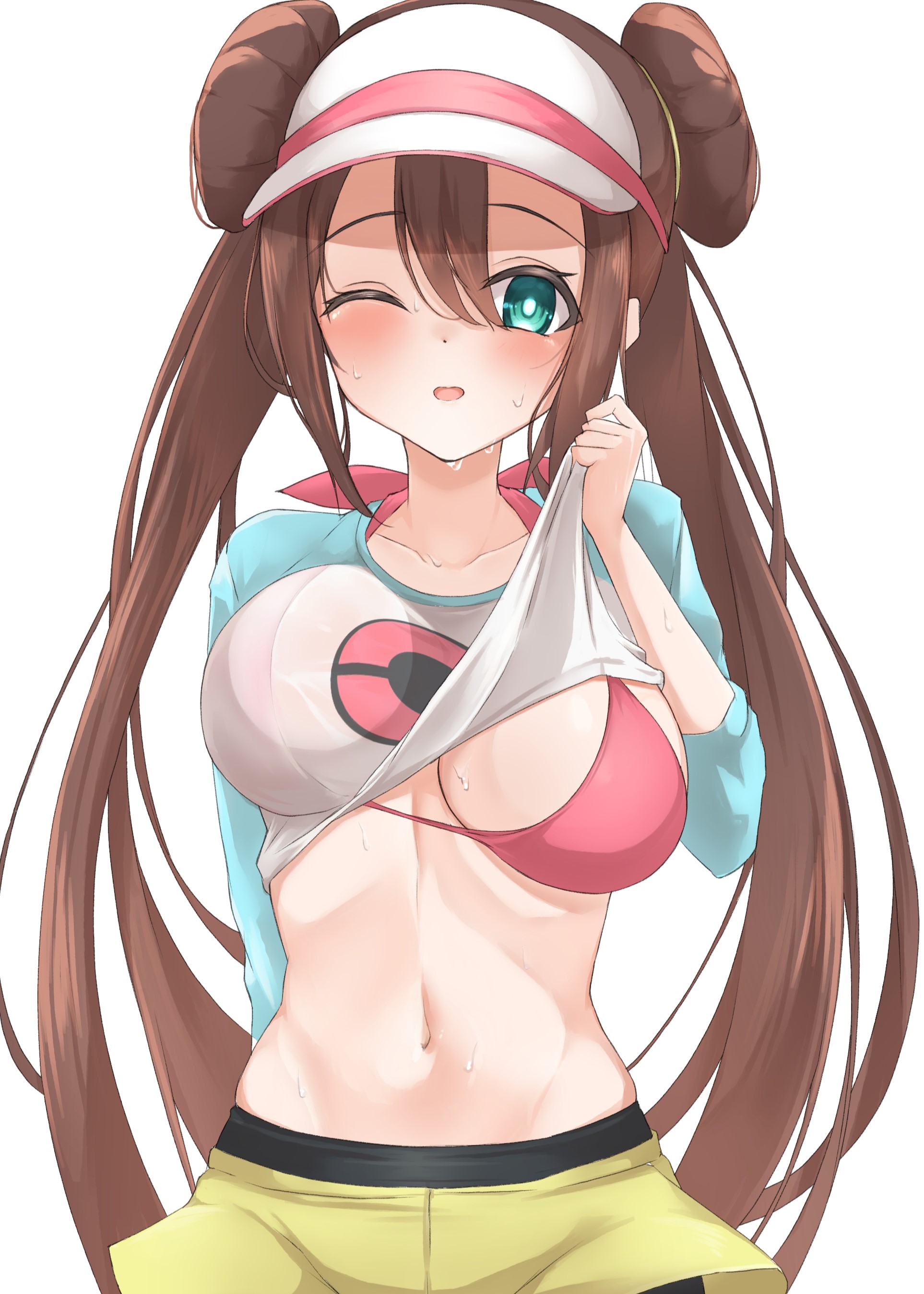 1girls, blue eyes, bra, breasts, brown hair, cleavage, clothed, clothing, female, large breasts, light skin, light-skinned female, lune journey, nintendo, pantyhose, pokemon, pokemon bw2, rosa (pokemon), shirt, shirt lift, shirt up, shorts, skirt, twin buns, twintails, yellow shorts, yellow skirt