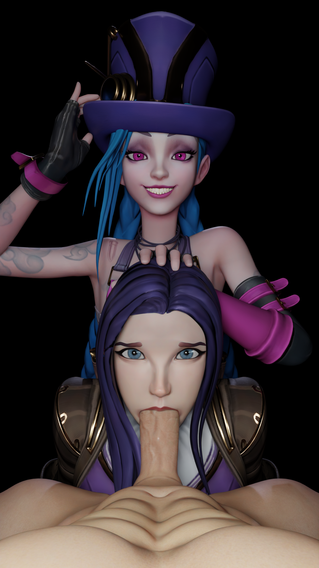 1boy, 2girls, 3d, arcane, assisted fellatio, blender, blowjob, caitlyn kiramman, fellatio, female, forced, forced oral, jinx (league of legends), league of legends, light skin, light-skinned female, light-skinned male, logical butterfly, looking at viewer, male, penis, pov, riot games, straight, sucking, sucking penis, uncensored