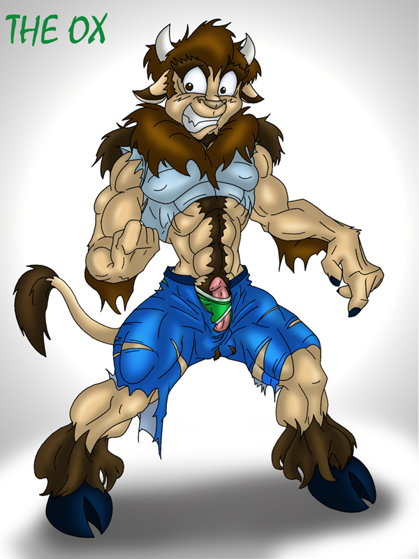 1boy anthro anthro_only clothing ear hooves horn keanon_woods male male_only nose ox pants penis shirt solo tail transformation