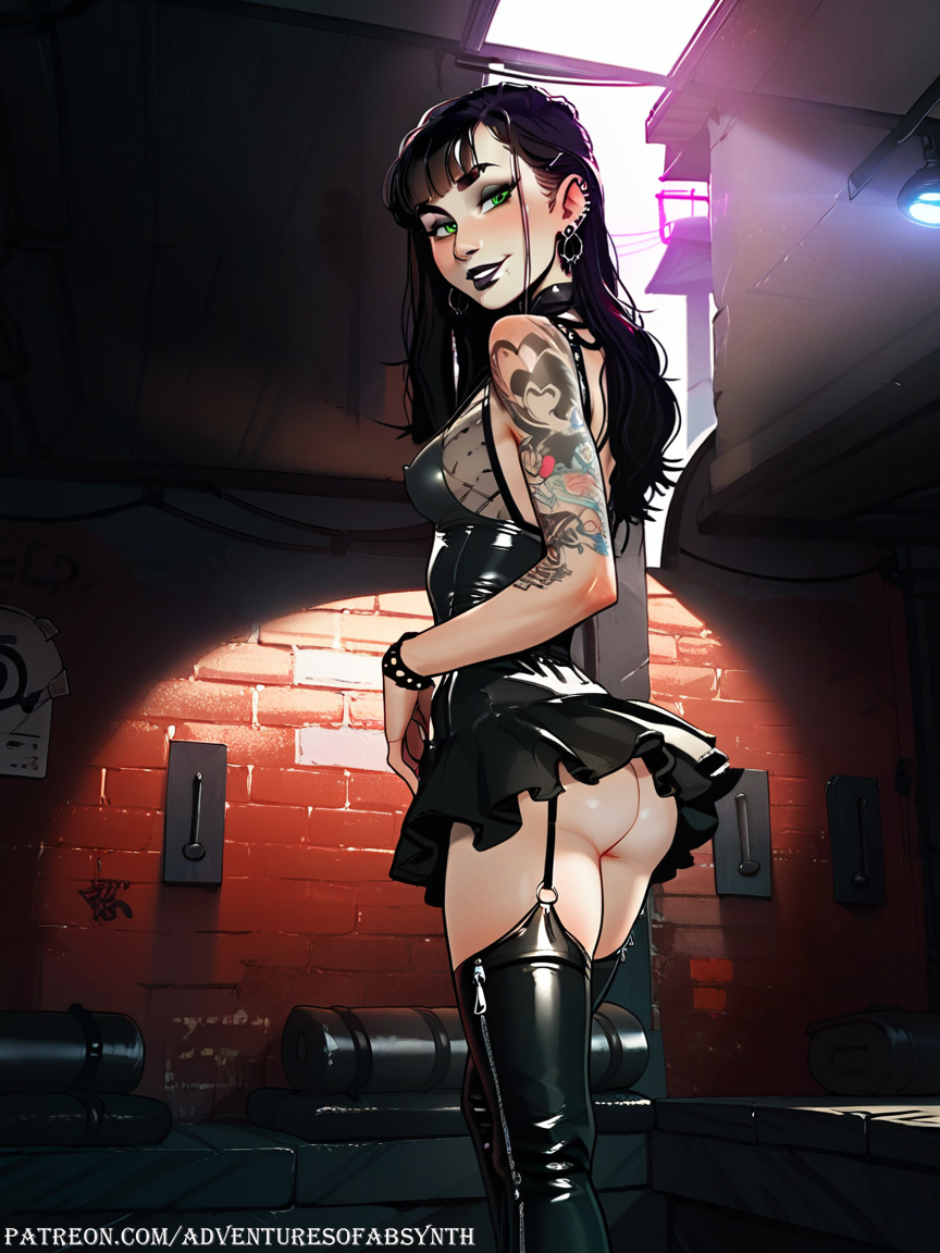 ai_generated ass black_hair futanari goth goth_girl green_eyes looking_back miniskirt piercings seductive_smile tattoos viewed_from_below