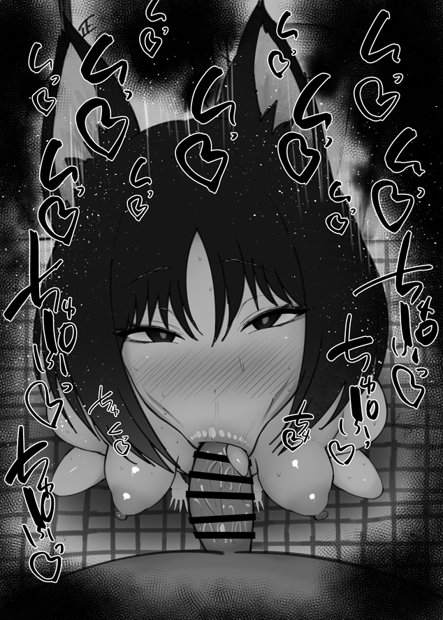 1boy 1girls :>= allied_hyakkiyako_academy_student animal_ears bare_shoulders big_penis black_and_white blue_archive blush censored dark-skinned_male dark_skin detailed_background drooling erect_nipples eyelashes fellatio heart humanoid hyakkaryouran_conflict_resolution_council_(blue_archive) indoor inside interspecie kikyou_(blue_archive) kurotama looking_at_viewer male male_pov oral oral_sex room saliva shiny shiny_skin short_hair sketch small_breasts sound_effects squatting sweat text tongue_out vein veins veiny veiny_penis