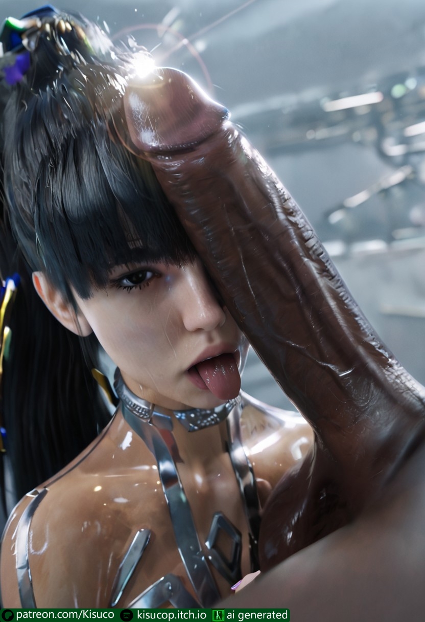 ai_generated cock_worship dark-skinned_male dark_skin eve_(stellar_blade) fringe_hair imminent_oral interracial kisuco looking_at_viewer pale-skinned_female penis_against_cheek penis_against_face penis_on_cheek ponytail posing_with_dick posing_with_penis provocative selfie selfie_with_penis skinsuit stellar_blade sweatdrop tongue_out touching_penis