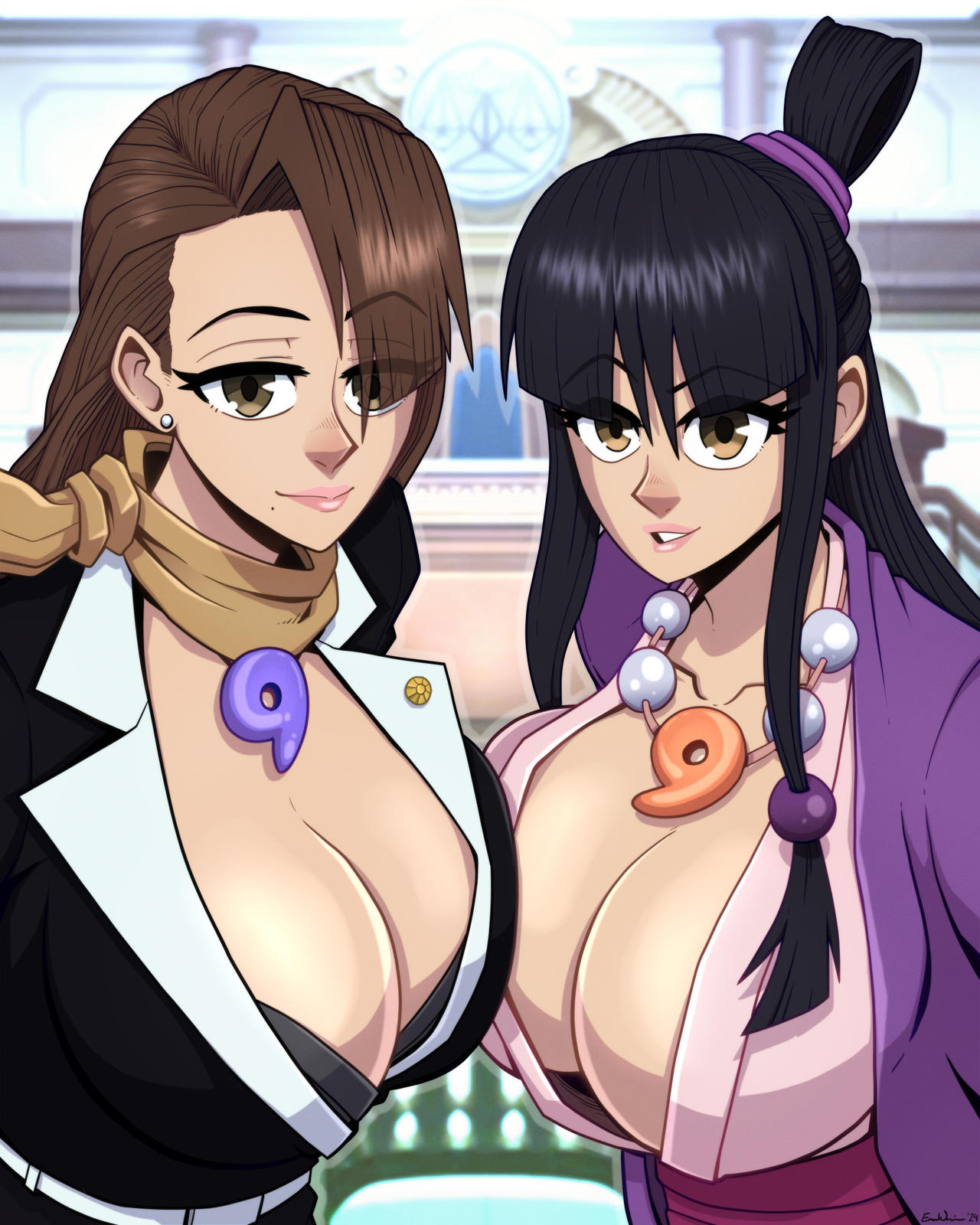 2024 2d 2d_(artwork) 2d_artwork 2girls ace_attorney alternate_breast_size amber_eyes artist_signature asymmetrical_bangs attorney ayasato_chihiro badge bangs bangs_over_one_eye beads belt black_blazer black_bra black_hair black_jacket blazer blunt_bangs bra breasts brown_eyes brown_hair capcom cleavage clothed clothed_female clothes clothing earrings ebbewaxin eyebrows_visible_through_hair eyelashes eyes_visible_through_hair female female_only game_screenshot_background gyakuten_saiban gyakuten_saiban_3 hair_on_breasts hair_ornament half-closed_eyes half_body half_updo hanten_(clothes) hi_res high_resolution highres huge_breasts human human_only jacket japanese_clothes japanese_clothing japanese_female kimono lawyer leaning leaning_forward light-skinned_female light_skin lipstick long_black_hair long_brown_hair long_hair looking_at_viewer magatama magatama_necklace maya_fey mia_fey mole mole_under_mouth naughty_face no_bra obi open_eyes parted_bangs parted_lips pearl_necklace phoenix_wright:_ace_attorney_-_trials_and_tribulations pink_lipstick pink_obi pink_sash pointy_chin pointy_nose presenting presenting_breasts presenting_cleavage presenting_self purple_clothes purple_clothing purple_hair_ornament purple_jacket raised_eyebrow sash scarf seducing seductive seductive_eyes seductive_female seductive_gaze seductive_look seductive_pose shiny_hair shiny_skin sidelocks skirt_suit smile smiling spirit_medium thick_eyelashes thin_eyebrows topknot twin_braids upper_body white_belt yellow_scarf