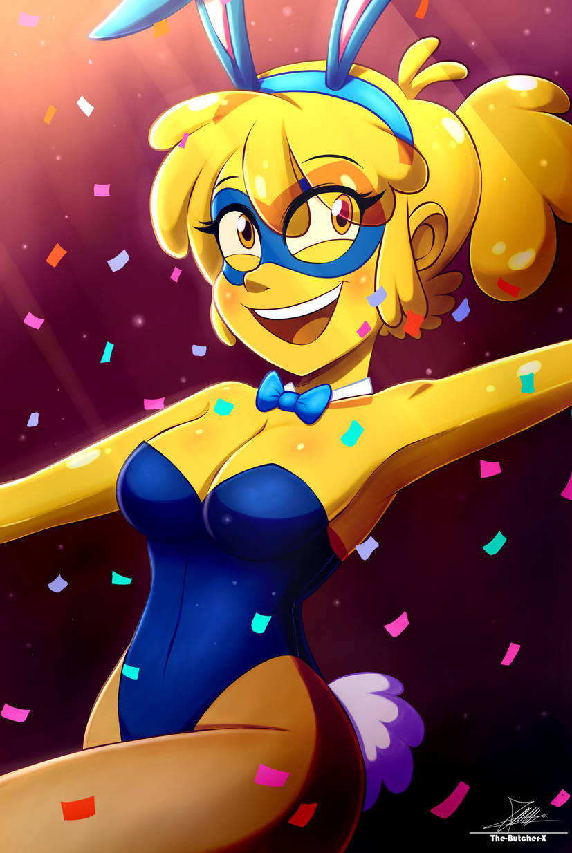 blue_bunnysuit bunny_ears bunnysuit cartoon_network confetti g-lo_(villainous) happy smile smiling tights villainous yellow_body yellow_hair