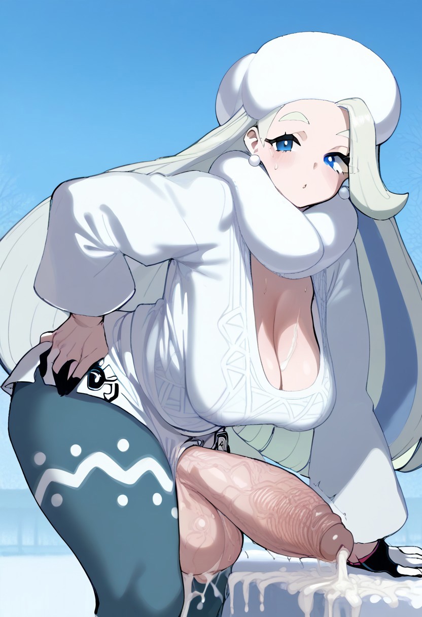 ai generated, balls, big balls, big breasts, big penis, breasts, cleavage, cum, cumming, futanari, gvukub, huge breasts, huge cock, intersex, melony (pokemon), nintendo, penis, pokemon, sagging breasts