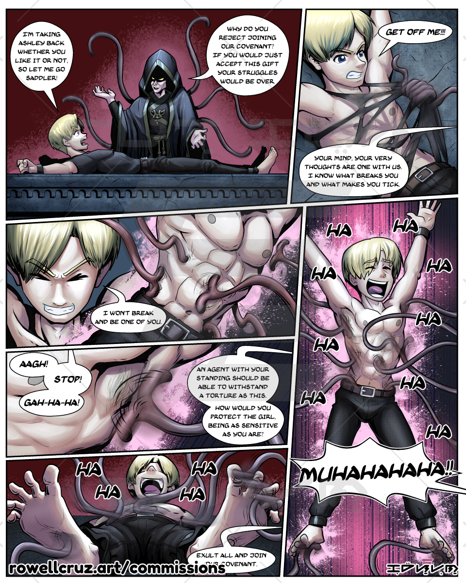 2024 2boys barefoot blonde_hair comic commission dialogue english leon_scott_kennedy male_tickling osmund_saddler resident_evil restrained rowell-cruz shirtless speech_bubble tentacle tentacle_on_male tentacles_in_clothing tickle_torture tickling tickling_armpits tickling_feet tickling_sides tickling_torso