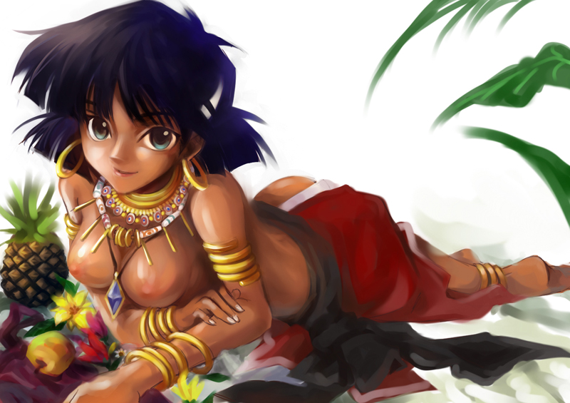 1girls 2011 5:7 blue_eyes blue_eyes_female breasts curvaceous da_huang dark-skinned_female dark_skin female female_only fushigi_no_umi_no_nadia gainax human large_breasts leafs looking_at_viewer nadia_la_arwall nipples pineapple princess public_topless purple_hair purple_hair_female questionable short_hair short_hair_female short_purple_hair solo topless_female