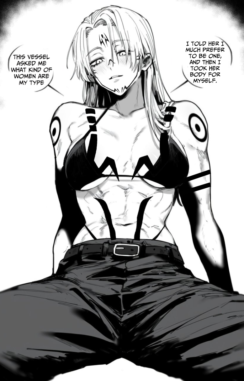 abs blonde_hair bra edited female_only jjk jujutsu_kaisen masoq095 mind_control muscular_female possession ryoumen_sukuna_(jujutsu_kaisen) smug text_bubble toned yuki_tsukumo