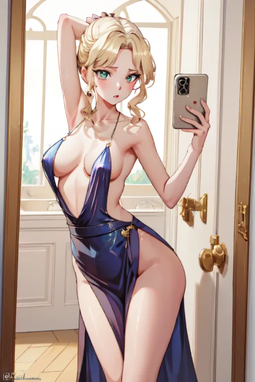 ai_generated anime_style beautiful_hair blonde_female blonde_hair blonde_hair blonde_hair_female blue_dress breasts diana_kadushkina dress govorim_bez_oshibok green_eyes kakoe_izobrazie long_ponytail revealing_clothes selfie teenager uroki_horoshih_maner