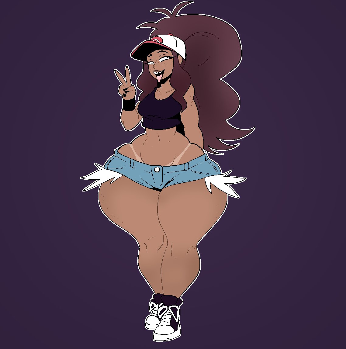 1girls ass ass_bigger_than_head big_ass big_butt black_nails booty_shorts bottom_heavy braces breasts brown_hair bubble_butt clothing curvaceous curvy curvy_figure dark-skinned_female dark_skin female female_only game_freak gayplantsex hat hilda_(pokemon) huge_ass is long_hair mostly_clothed nintendo open_mouth peace_sign pokemon race_swap shoes shorts sneakers solo solo_female tagme tanline thick_thighs tongue tongue_out voluptuous voluptuous_female wide_hips