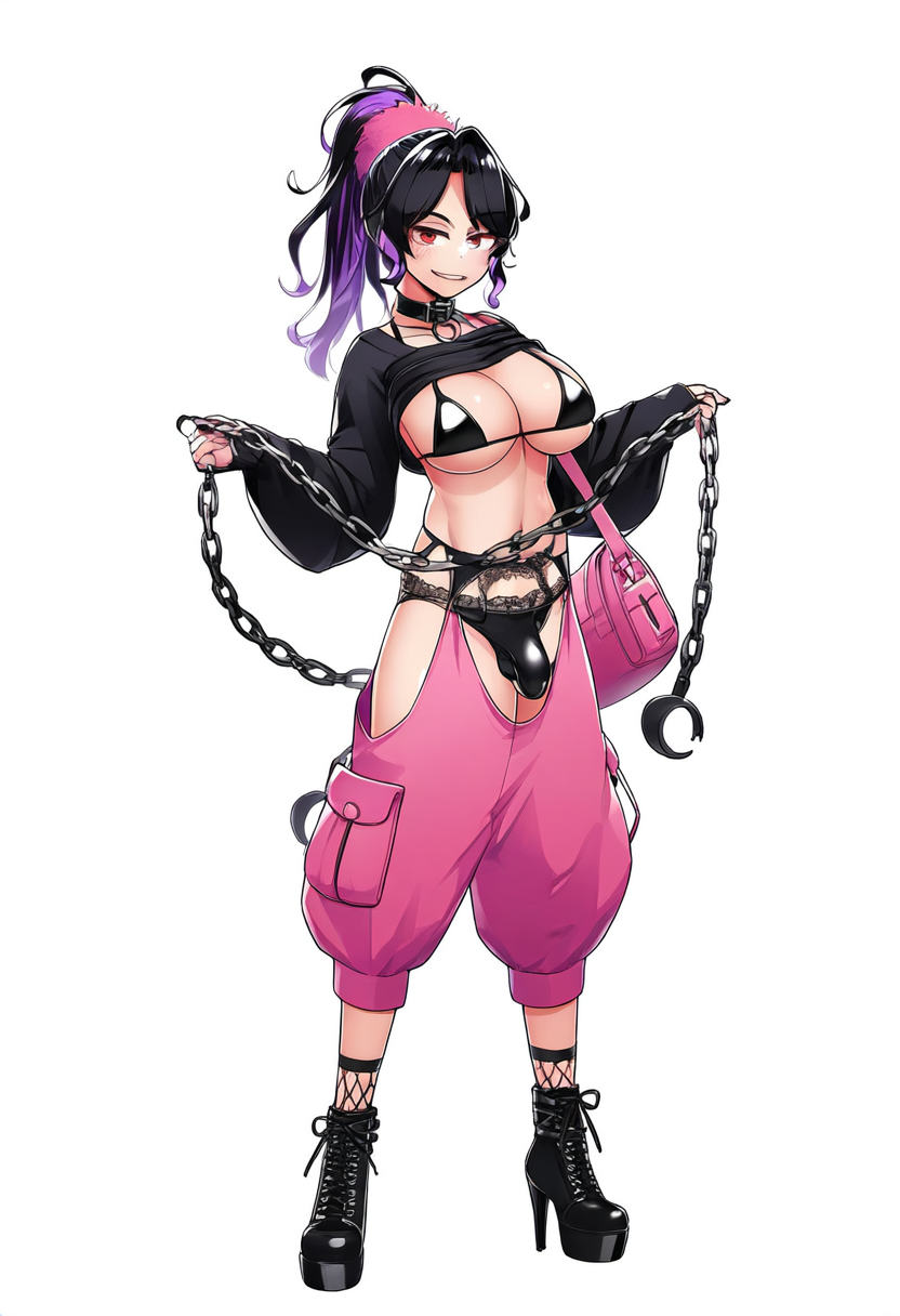 ai_generated baggy_clothing baggy_pants big_breasts big_breasts black_and_purple_hair black_hair black_shirt black_thong bulge chains choker futa_only futanari futanari holding_chain holding_object leather leather_bra leather_thong long_sleeve_shirt long_sleeves looking_at_viewer pink_clothing pink_pants pink_purse platform_heels platform_shoes pockets ponytail purple_hair purse red_eyes shirt_above_breasts small_bra smile smiling smiling_at_viewer smirk smirking thong