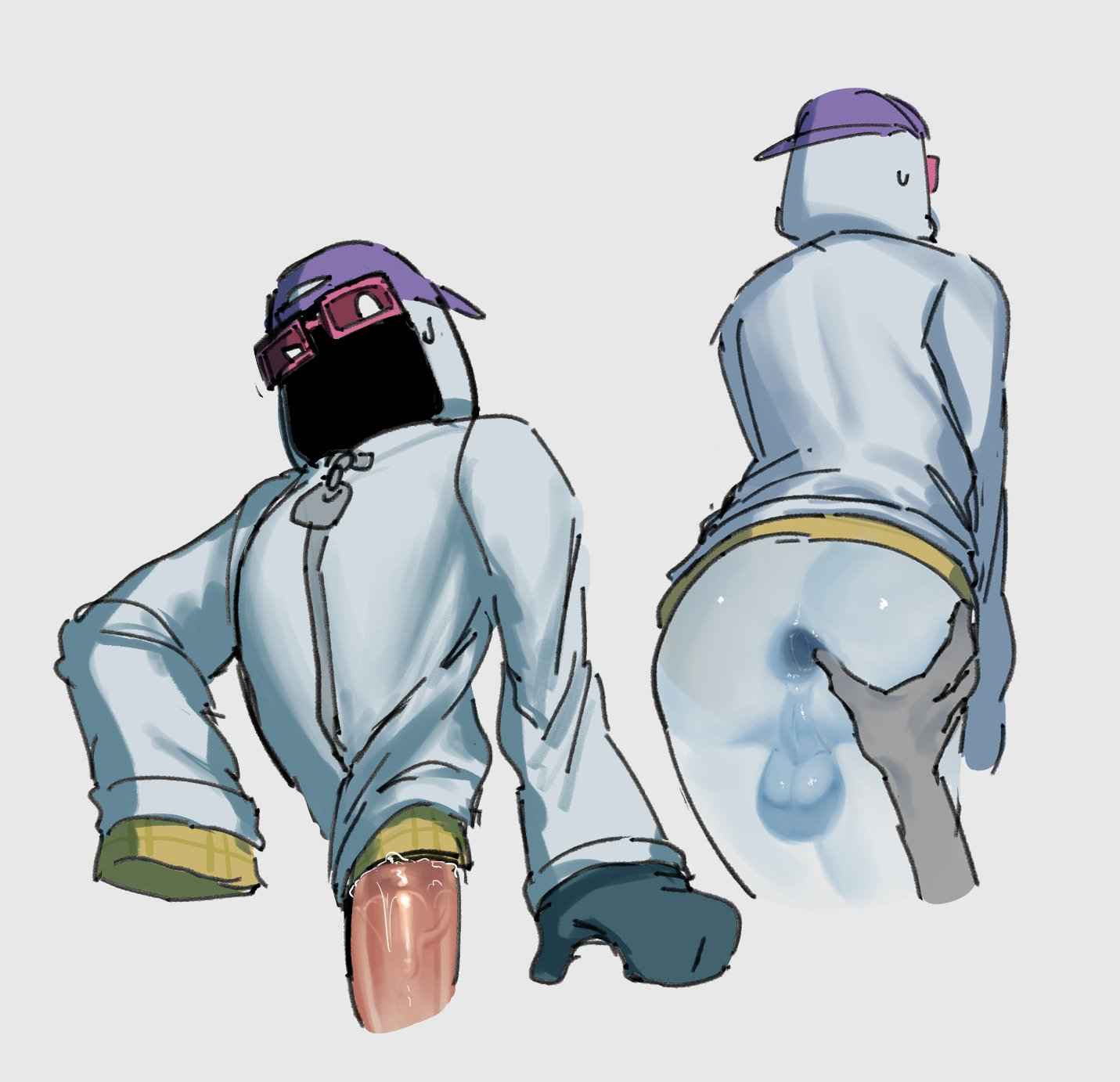 anus ass ass_grab asshole brawl_stars butt_grab cap clothing gay ghost ghost_boy hoodie hoodie_only lingye2 male male/male male_only opening_anus penis_insertion pink_glasses purple_cap shade_(brawl_stars) sweatdrop sweater testicles unknown_species white_hoodie zipper