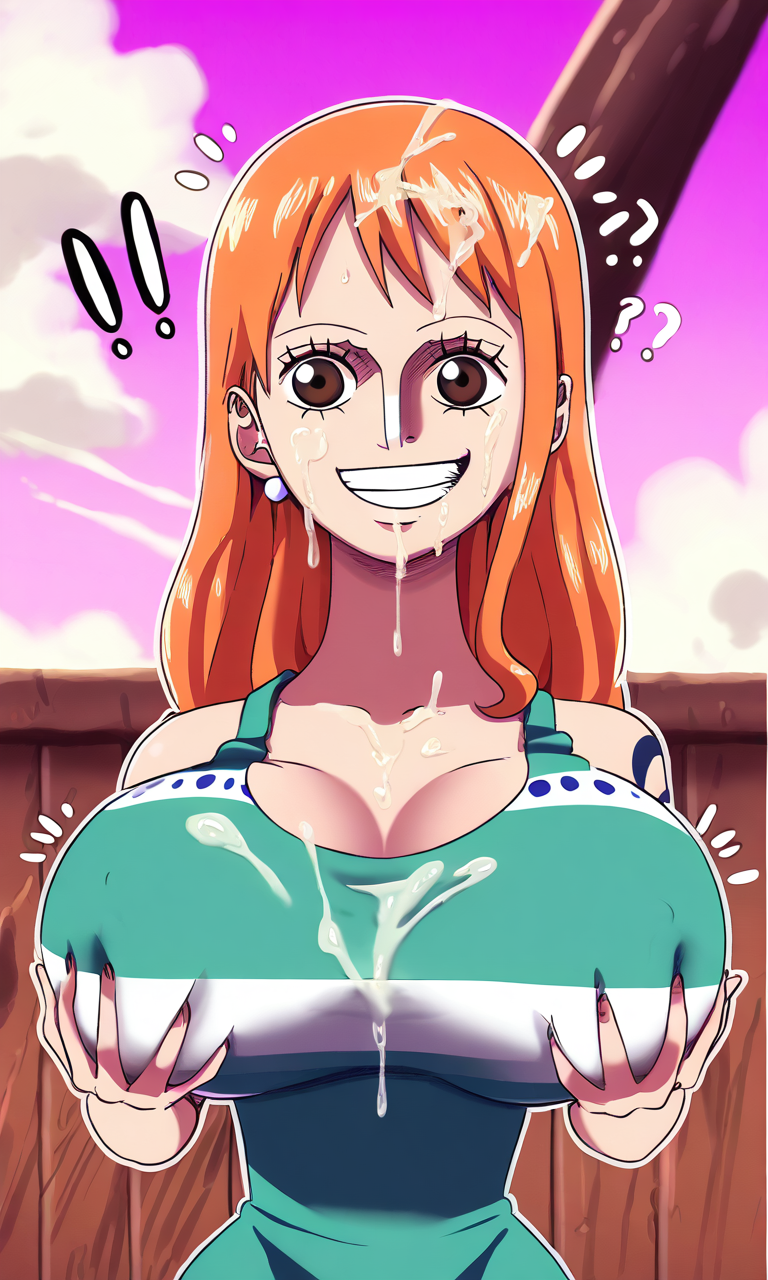 ai_generated big_breasts bubble bubble_ass cum cum_on_face female female_only grabbing_own_breast nami nami_(one_piece) one_piece orange_hair pixelsin