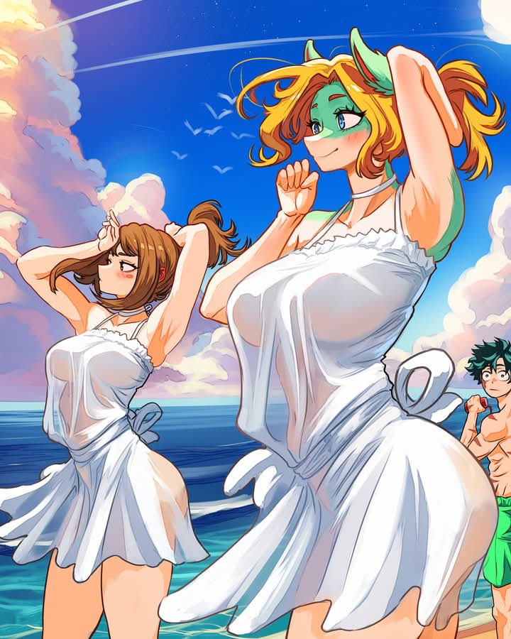 1boy, 2girls, alluring, attractive, beach, boku no hero academia, curvy, deku, dress, female, ippan josei, izuku midoriya, male, midoriya izuku, my hero academia, ochako uraraka, seductive, sfw, sheer, sheer clothing, straight, uraraka ochako, vlizz, wholesome